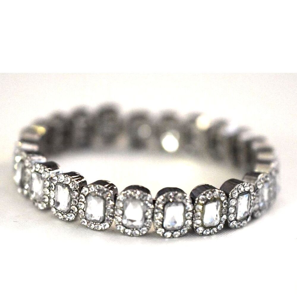Flashy Cut Crystal Rhinestones Silver Tone Stretch 6" Cuff Y2K Bracelet